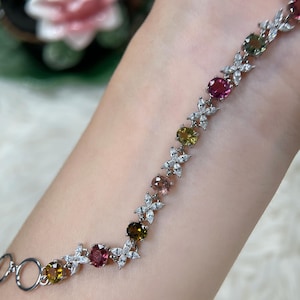 Rainbow Tourmaline Bracelet | Natural Multicolor Tourmaline with CZ Accents | Sterling Silver Gold Plated | October Birthstone Gift for Her