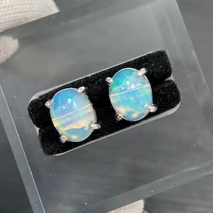 Natural Ethiopian Opal Stud Earrings | 8x10mm Oval Opal Earrings | Sterling Silver Opal Dainty Jewelry | October Birthstone Gift
