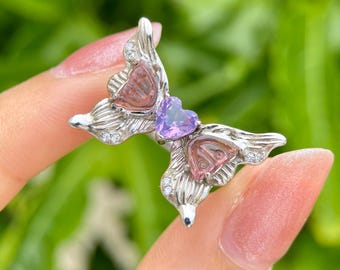 Vintage Inspired Butterfly Ring | Amethyst & Tourmaline Sterling Silver Gold Plated Ring | Adjustable Antique Style Gemstone Jewelry Gift