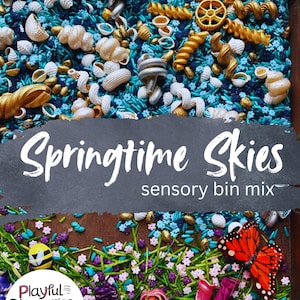 May include: A sensory bin mix titled Springtime Skies featuring blue and white dyed rice, gold and silver painted pasta shapes, small flower-shaped sprinkles, a yellow and black bee figure, and a large orange and black butterfly figure.
