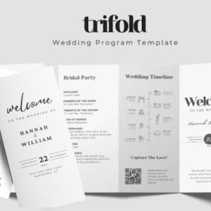 May include: A trifold wedding program template with a black and white design. The front cover says "Welcome to the wedding of Hannah & William" with the date "22" and the location "Cathedral 222, New York, NY". The inside pages include sections for the bridal party, wedding timeline, and a welcome message.