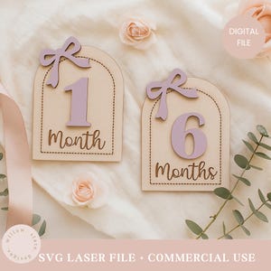May include: Two wooden monthly milestone markers. Each has a lavender bow, number, and the word "Month" or "Months". The numbers are "1" and "6". The background is a soft, neutral color with floral accents. The text "DIGITAL FILE" is visible.