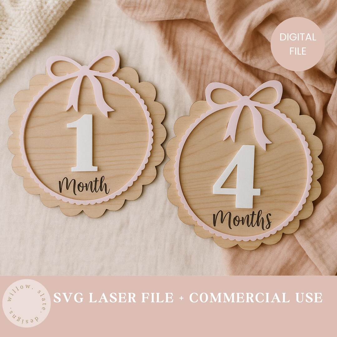 Baby Milestone SVG Bundle – Scalloped Round With Bow, Digital Cut Files ...