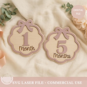 Puede incluir: Dos placas de madera para hitos de bebé. Cada placa tiene un borde festoneado, un lazo en la parte superior y un número y la palabra "Meses" en rosa claro. Una placa dice "1 Mes" y la otra "5 Meses".