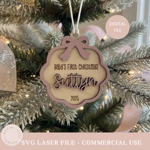 Baby's First Christmas Ornament SVG – Bow Frame Laser Cut File, Digital Download