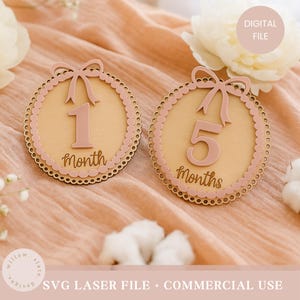 May include: Two wooden monthly milestone markers. Each round marker has a light brown center with a pink border and bow. One marker has the number 1 and the word "Month", the other has the number 5 and the word "Months".