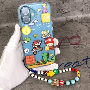 3D Super Mario Telefoonhoesje met Kralenband voor iPhone 16 15 14 13 Pro Max Retro Switch Gamer Grip Cover met leuke Charms-knop