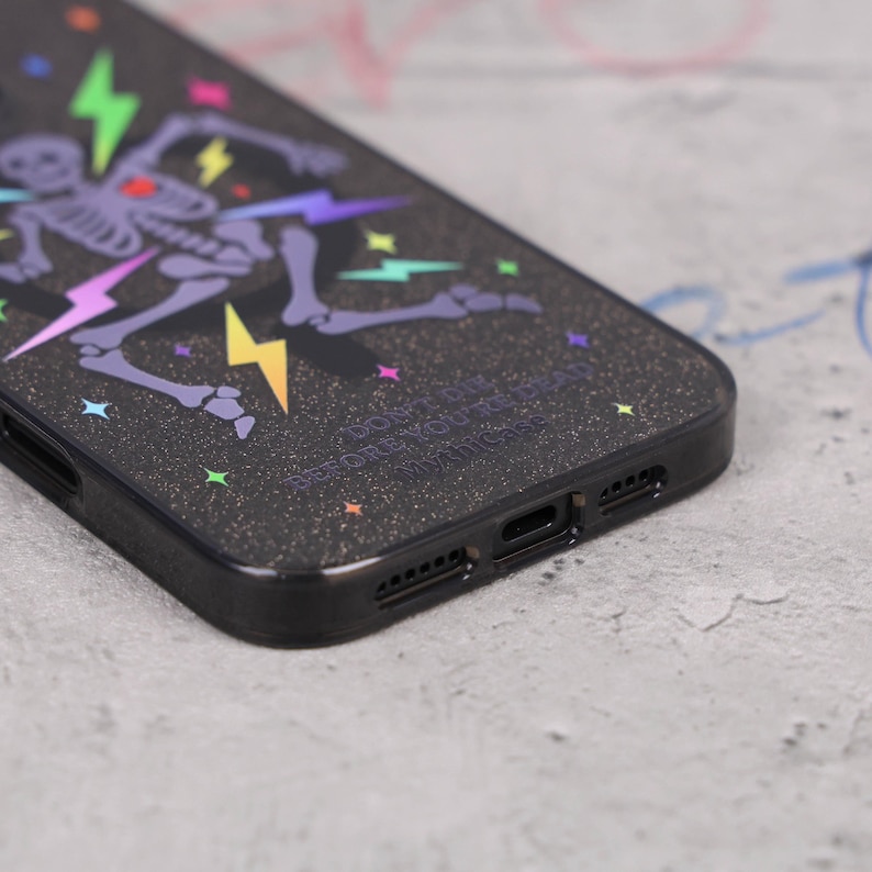 Glitter Skeleton Lightning Gothic Punk Mag Safe iPhone Case Sparkle Black Art Shockproof Apple Exclusive Christmas Gift Dual Layer iPhone image 12