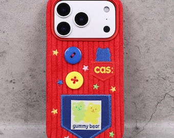 Hand Sewn Red Corduroy iPhone Case Plush Gummy Bear Patch Buttons Embroidery Handmade Soft Winter TPU Cover Christmas Gift Apple iPhone Case