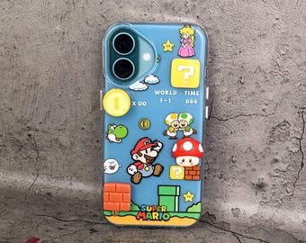 3Dスーパーマリオ携帯ケース、ビーズストラップ付き、iPhone 16 15 14