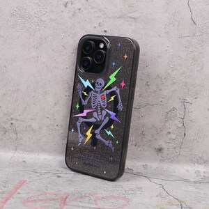 Glitter Skeleton Lightning Gothic Punk Mag Safe iPhone Case Sparkle Black Art Shockproof Apple Exclusive Christmas Gift Dual Layer iPhone image 8