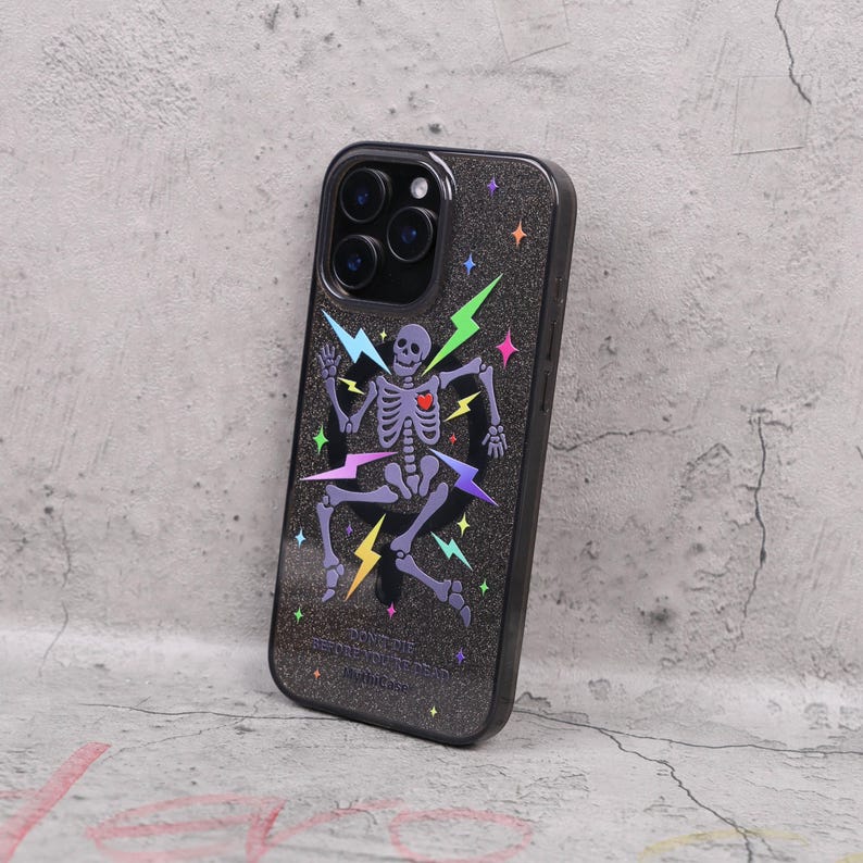 Glitter Skeleton Lightning Gothic Punk Mag Safe iPhone Case Sparkle Black Art Shockproof Apple Exclusive Christmas Gift Dual Layer iPhone image 8