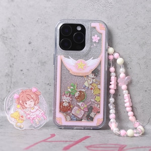 Cardcaptor Sakura Sand Phone Case Cute Cartoon Slide Sand PC Hard Back Cover with Strap Liquid Sand iPhone Gift Anime Fans Birthday Girls