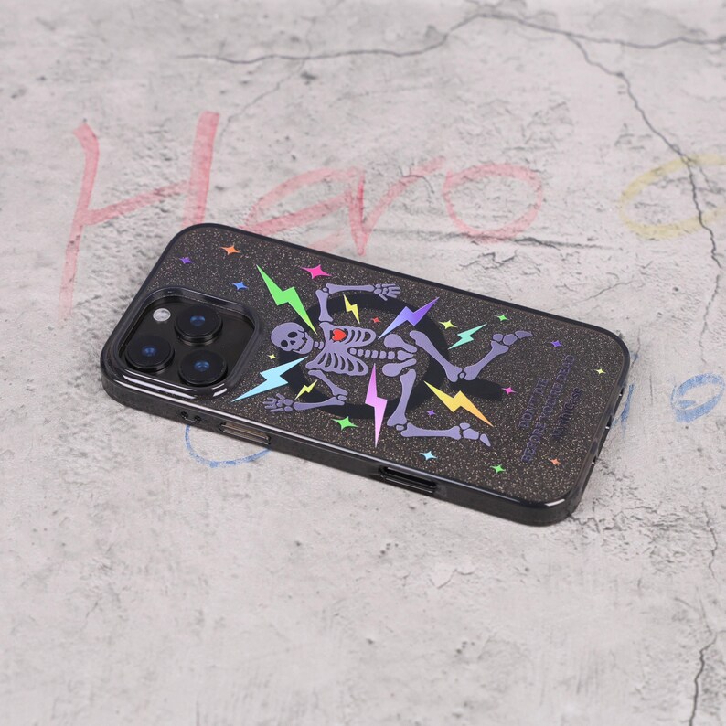 Glitter Skeleton Lightning Gothic Punk Mag Safe iPhone Case Sparkle Black Art Shockproof Apple Exclusive Christmas Gift Dual Layer iPhone image 10