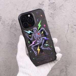 Glitter Skeleton Lightning Gothic Punk Mag Safe iPhone Case Sparkle Black Art Shockproof Apple Exclusive Christmas Gift Dual Layer iPhone image 13
