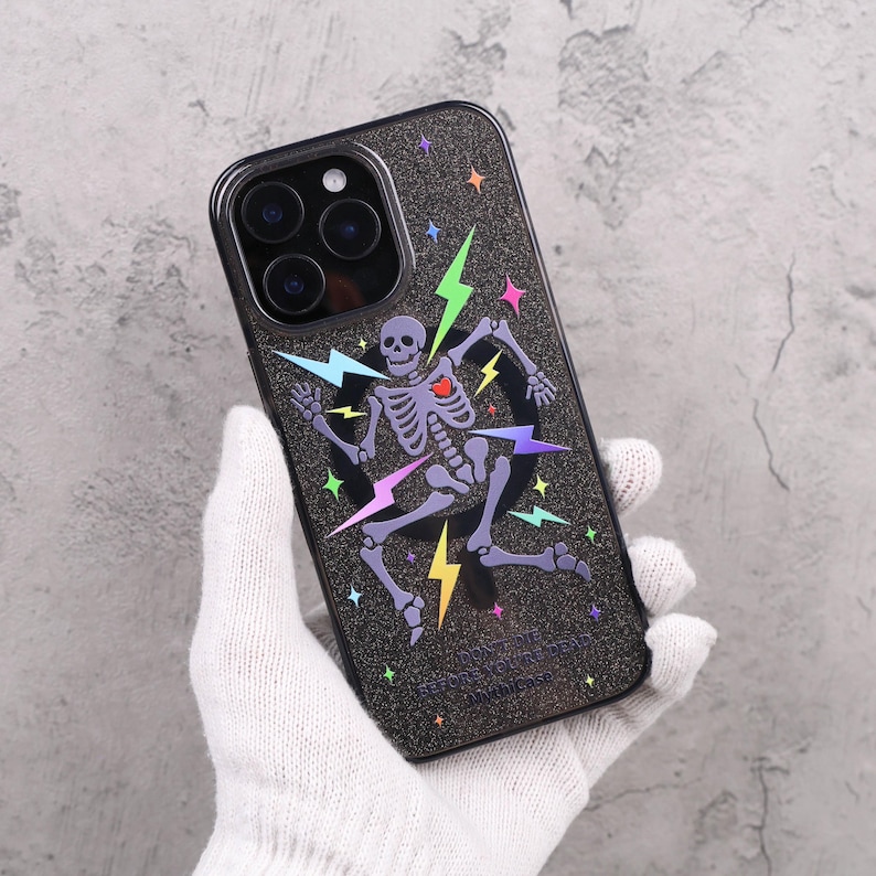 Glitter Skeleton Lightning Gothic Punk Mag Safe iPhone Case Sparkle Black Art Shockproof Apple Exclusive Christmas Gift Dual Layer iPhone image 13