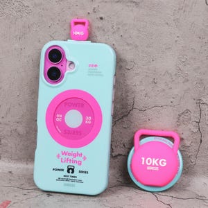 May include: A light blue phone case with a pink weightlifting design, featuring the text "Weight Lifting Series" and "Power". A matching pink 10KG weightlifting phone grip is also shown.