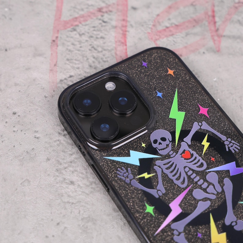 Glitter Skeleton Lightning Gothic Punk Mag Safe iPhone Case Sparkle Black Art Shockproof Apple Exclusive Christmas Gift Dual Layer iPhone image 18
