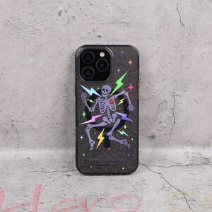 Glitter Skeleton Lightning Gothic Punk Mag Safe iPhone Case Sparkle Black Art Shockproof Apple Exclusive Christmas Gift Dual Layer iPhone image 3