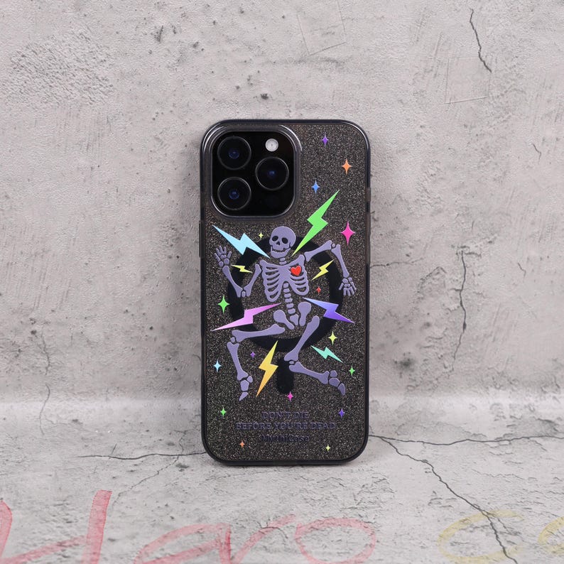 Glitter Skeleton Lightning Gothic Punk Mag Safe iPhone Case Sparkle Black Art Shockproof Apple Exclusive Christmas Gift Dual Layer iPhone image 3