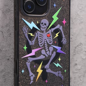 Glitter Skeleton Lightning Gothic Punk Mag Safe iPhone Case Sparkle Black Art Shockproof Apple Exclusive Christmas Gift Dual Layer iPhone image 1