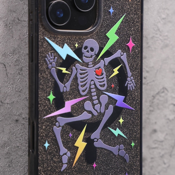 Glitter Skeleton Lightning Gothic Punk Mag Safe iPhone Case Sparkle Black Art Shockproof Apple Exclusive Christmas Gift Dual Layer iPhone