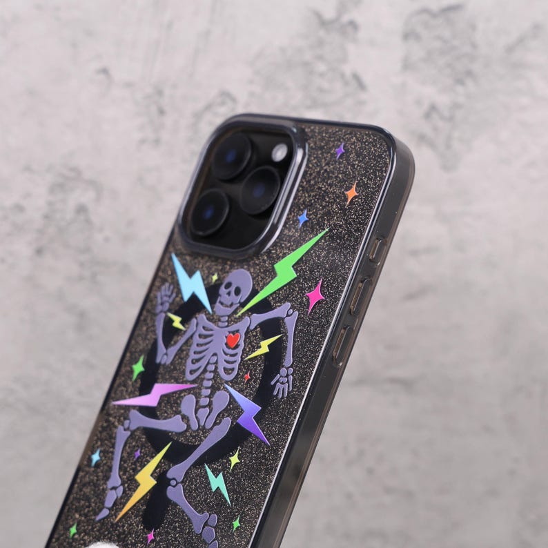 Glitter Skeleton Lightning Gothic Punk Mag Safe iPhone Case Sparkle Black Art Shockproof Apple Exclusive Christmas Gift Dual Layer iPhone image 6