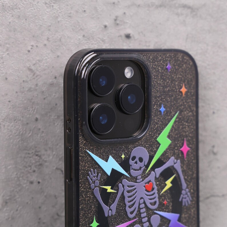 Glitter Skeleton Lightning Gothic Punk Mag Safe iPhone Case Sparkle Black Art Shockproof Apple Exclusive Christmas Gift Dual Layer iPhone image 9