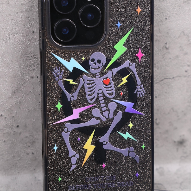 Glitter Skeleton Lightning Gothic Punk Mag Safe iPhone Case Sparkle Black Art Shockproof Apple Exclusive Christmas Gift Dual Layer iPhone image 5