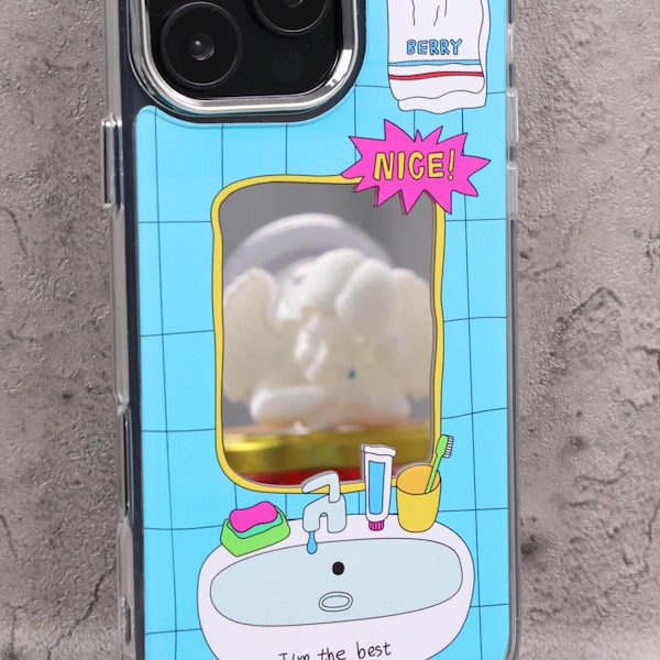 Bathroom Mirror iPhone Case with Real Mini Mirror Funny Blue Tile Sink Design Aesthetic Phone Cover Makeup Mirror Case Cute Creative Gift