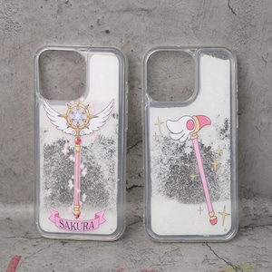 Funda para iPhone con purpurina líquida de Sakura Cardcaptor, varita estelar, varita de pájaro, carcasa de TPU suave, regalo de anime para gamers, funda para teléfono de chica nerd, funda de la serie Clamp