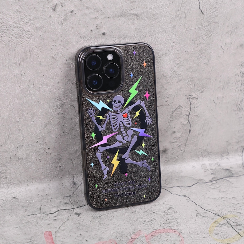 Glitter Skeleton Lightning Gothic Punk Mag Safe iPhone Case Sparkle Black Art Shockproof Apple Exclusive Christmas Gift Dual Layer iPhone image 14