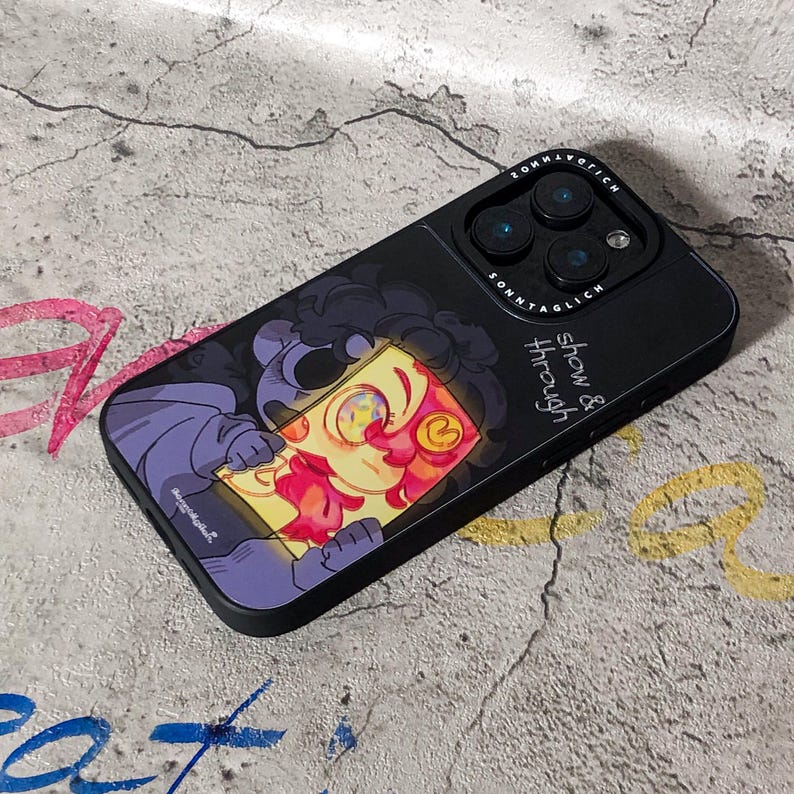 Premium Show & Through Silk Texture Acrylic iPhone Case for iPhone 13, 14, and 15 series combines stunning art and durability. The case features a semi-transparent silk-textured acrylic back that’s enhanced with mirror electroplating for a sleek look, while the silicone bumper ensures durability and shock absorption. The artistic illustration, printed using high-precision G6 Ricoh technology, shines when exposed to light, making it an eye-catching accessory.
