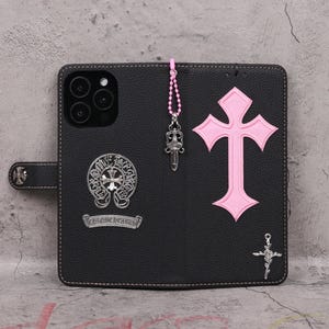 Gothic Pink Cross Wallet iPhone Case Apple Leather Flip Phone Cover Sword Charm Wrist Strap Holiday Gift For Her Punk Street Punk Girl Case
