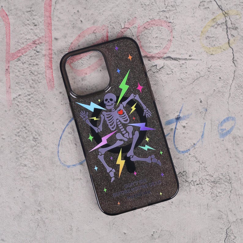 Glitter Skeleton Lightning Gothic Punk Mag Safe iPhone Case Sparkle Black Art Shockproof Apple Exclusive Christmas Gift Dual Layer iPhone image 7