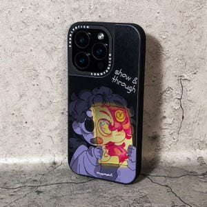 Show & Through Silk Texture Acrylic iPhone Case designed for iPhone 13, 14, and 15 models, featuring a semi-transparent back with an artistic, original illustration. This unique case is crafted using a silk-textured acrylic backplate, mirror electroplated for a polished look, and a soft silicone bumper that absorbs impacts. The case offers superior protection against drops, scratches, and bends, and the design features a backlit effect that reveals the artwork when light passes through it