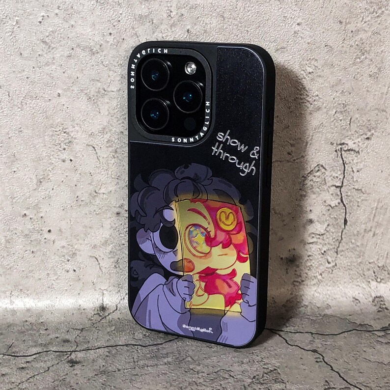 Show & Through Silk Texture Acrylic iPhone Case designed for iPhone 13, 14, and 15 models, featuring a semi-transparent back with an artistic, original illustration. This unique case is crafted using a silk-textured acrylic backplate, mirror electroplated for a polished look, and a soft silicone bumper that absorbs impacts. The case offers superior protection against drops, scratches, and bends, and the design features a backlit effect that reveals the artwork when light passes through it