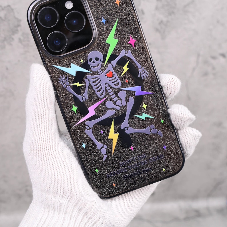 Glitter Skeleton Lightning Gothic Punk Mag Safe iPhone Case Sparkle Black Art Shockproof Apple Exclusive Christmas Gift Dual Layer iPhone image 2