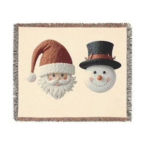 Woven Christmas Blanket:Snowman & Santa Holiday Decor - 100% Cotton