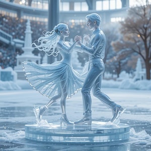 Ice dancers, figure skating art, foggy ice dance print, romantic dance, winter dance scene, couple dancing, digital art dance