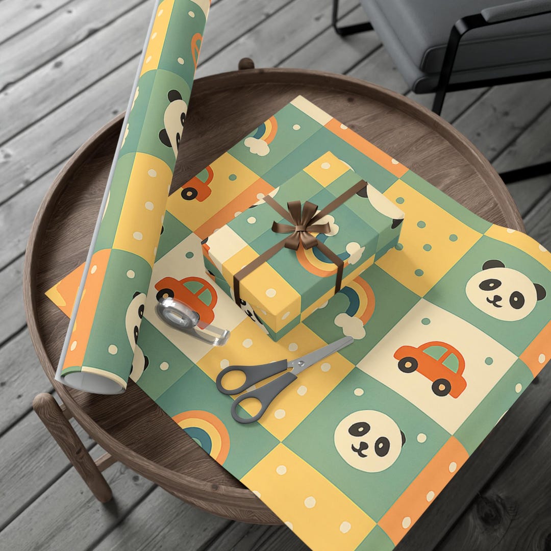 Panda Wrapping Playful Panda Wrapping Paper: Rainbows & Cars Children's Gift Wrap - Etsy