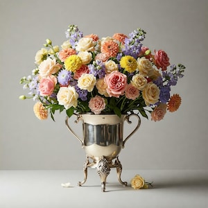 花束、ミックスフラワー、美しい花、エレガントな花瓶、デジタルフラワーアート、花柄プリント、壁飾り、室内装飾、モダンフローラル、