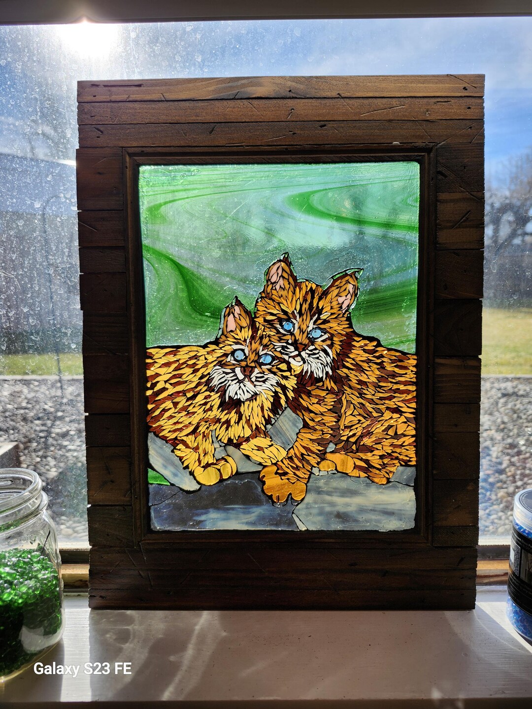 Rustic Bobcat Stained Glass Bobcat Kittens Window Art, Rustic Frame - Etsy