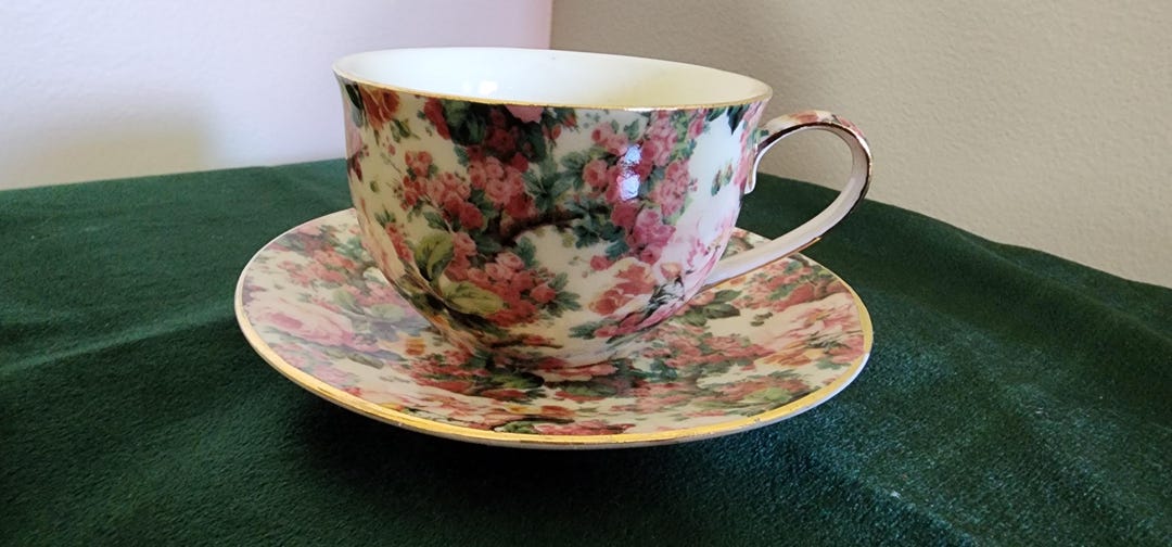 Vintage Chintz Floral Teacup and Saucer | Pink Roses & Gold Trim ...