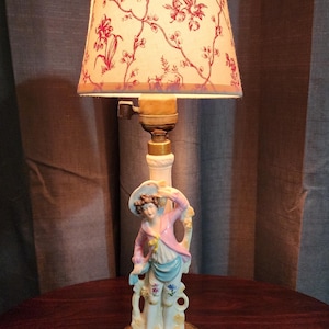 Vintage Porcelain Figurine Lamp | Romantic Victorian Style | Floral Fabric Shade | Shabby Chic Home Decor | Rococo Table Lamp | Collectible