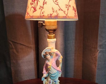 Vintage Porcelain Figurine Lamp | Romantic Victorian Style | Floral Fabric Shade | Shabby Chic Home Decor | Rococo Table Lamp | Collectible