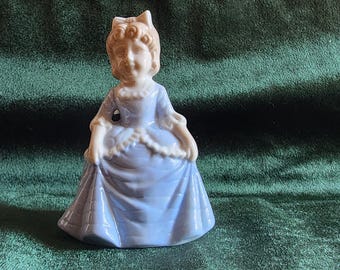 Vintage Porcelain Lady Bell – Blue & White Victorian Dress Figurine Collectible"