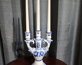 Vintage Handmade Gzhel Blue & White Porcelain 3-Light Candelabrum – Russian Antique Craftsmanship