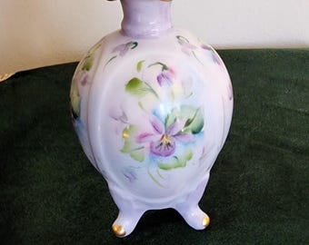 Rare R. Watts Signed Vintage Australian China Painting Perfume Bottle - Hand-Painted Native Violet, Gold Trim, Collectible