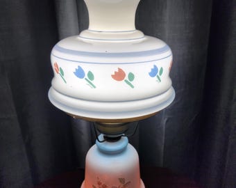 Vintage Hurricane Lamp – Hand-Painted Milk Glass, Floral Design, Dual Light, Antique-Style Table Lamp - Victorian Style Home Decor.